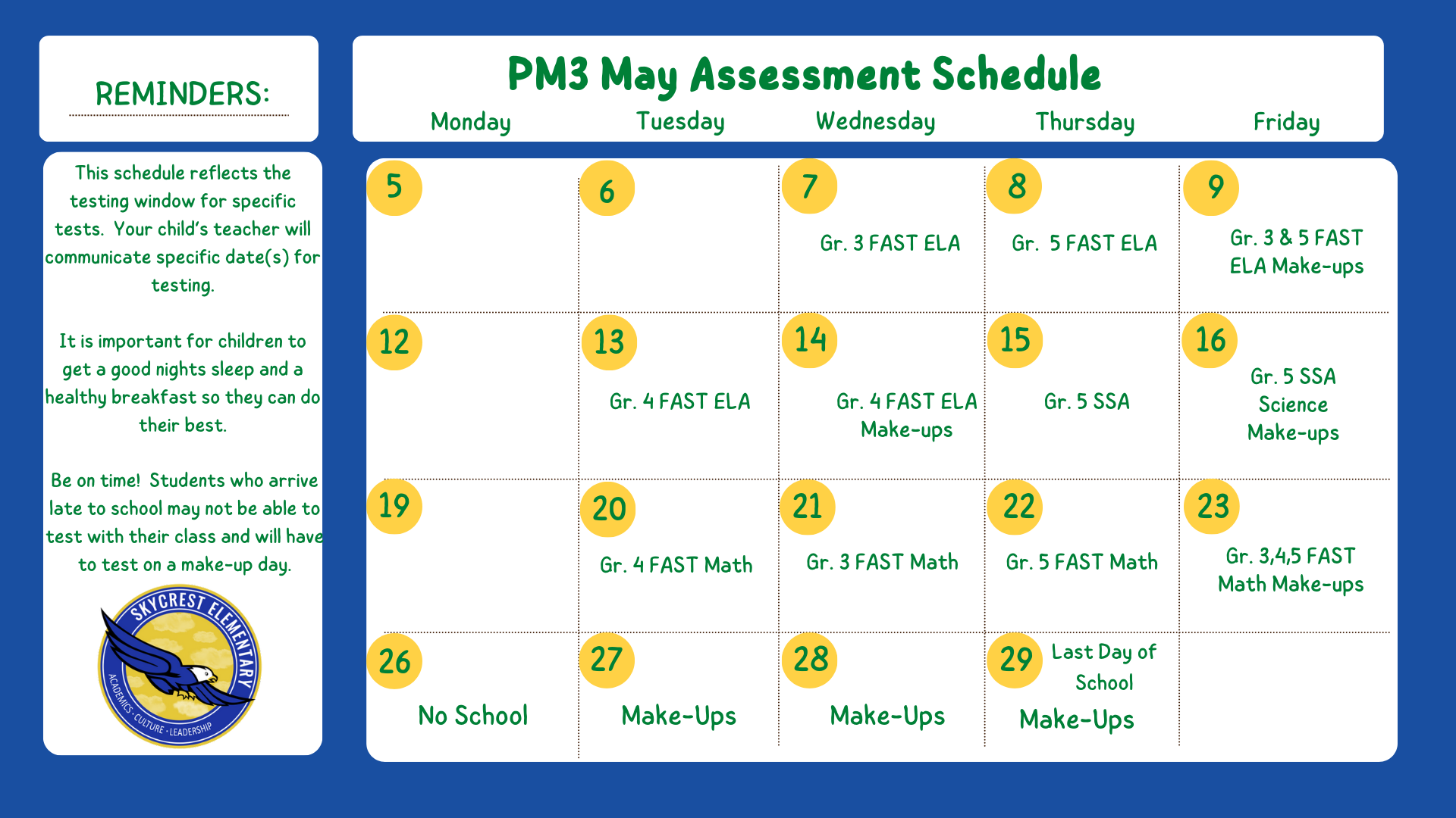 May Testing Schedule
